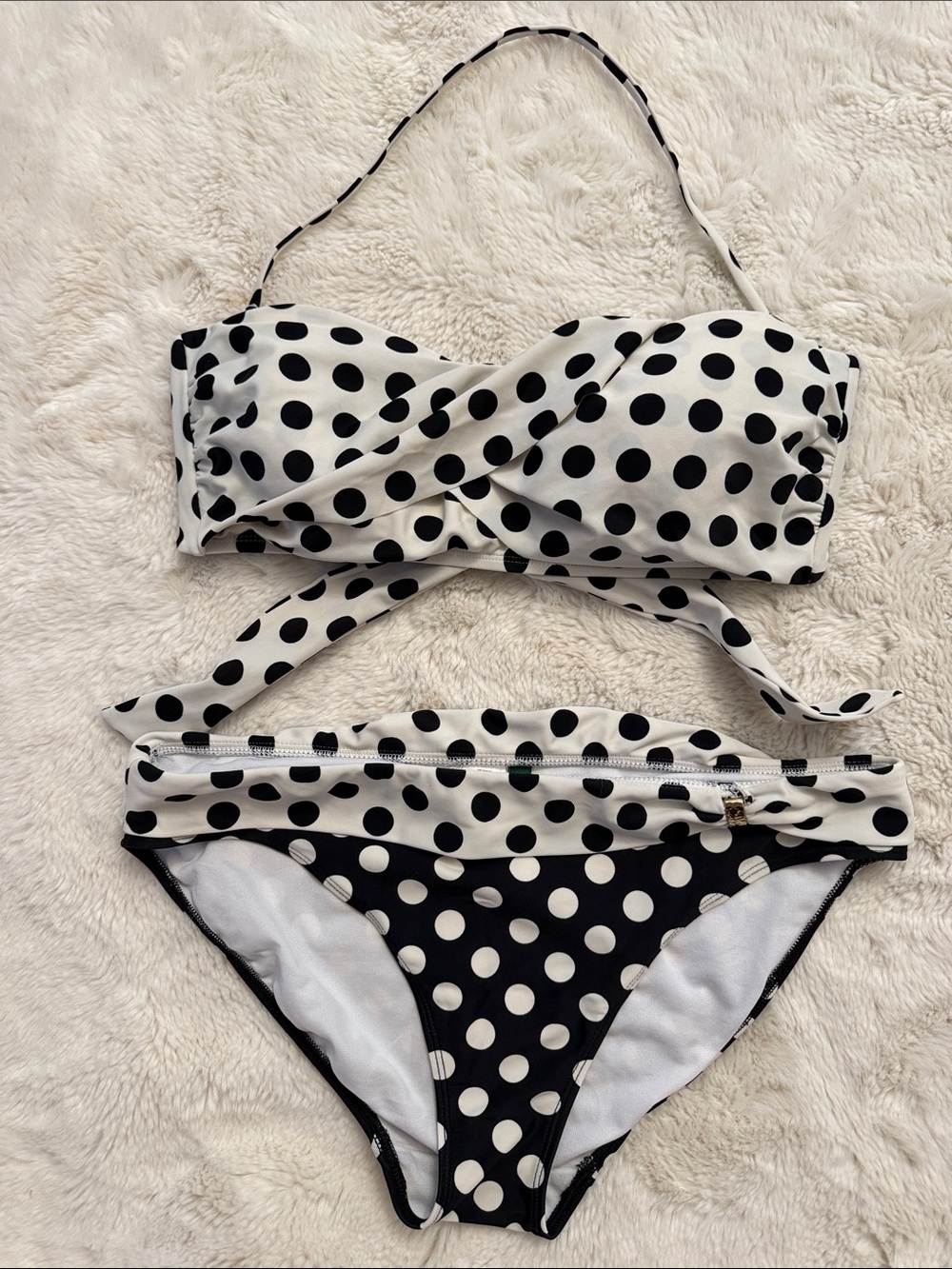 Ralph Lauren Polka Dot bikini Set Bottom 10 Top 12 Bandeau Halter Black White